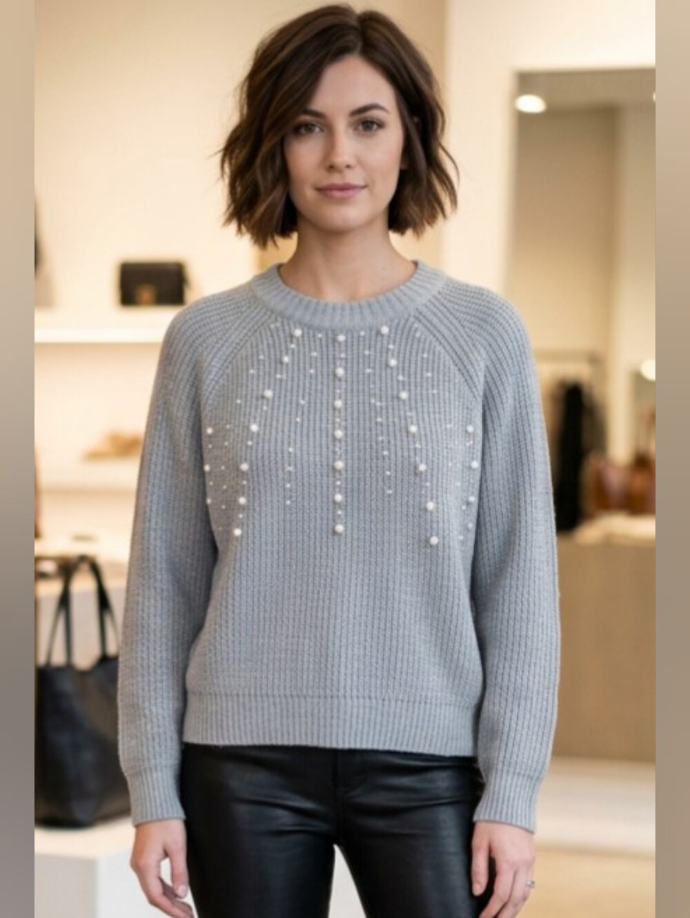 FRENCH CONNECTION Gray Pearl Embellished Knit Sweater - Size S NWT